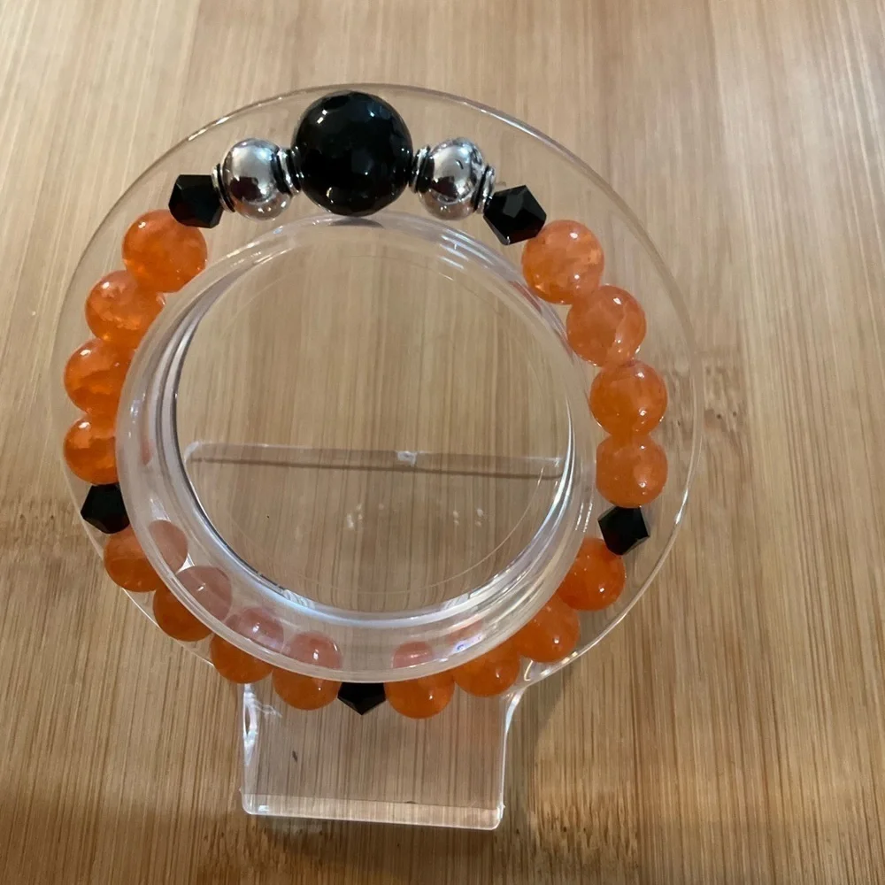 Hand Crafted Bracelet Beaded Stretch Orange Black Silver Stainless Steel